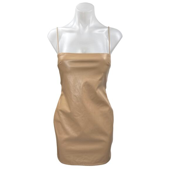Hey Babe Brown Faux Leather Sleeveless Cami Camisole Mini Bodycon Tank Dress M - Picture 1 of 6